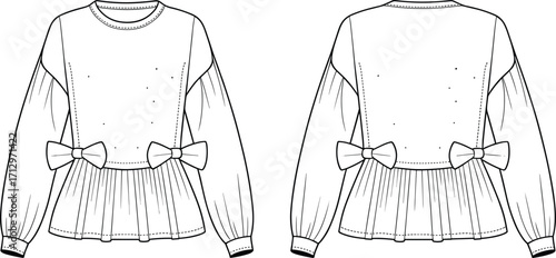 Technical fashion vector illustration of women’s long sleeve blouse with round neckline, voluminous sleeves, peplum pleats, and decorative waist bows