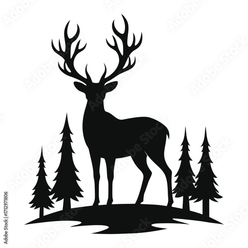 Standing Deer with Antlers Silhouette in Forest, Wildlife Illustration, Nature Animal Graphic Isolated on White Background