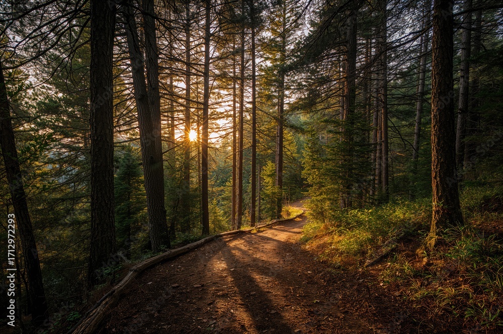 Fototapeta premium Sun rays shine through tall pine trees, illuminating the trail