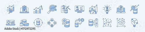 Business analytics thin icon set containing descriptive analytics, predictive analytics, prescriptive analytics, data mining, data visualization
