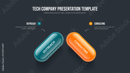 Service Insight Two Option Infographic Slideshow Layout. Advertising Strategy Presentation Template Vector Illustration. Company Campaign 2 Element Diagram Slide Design.