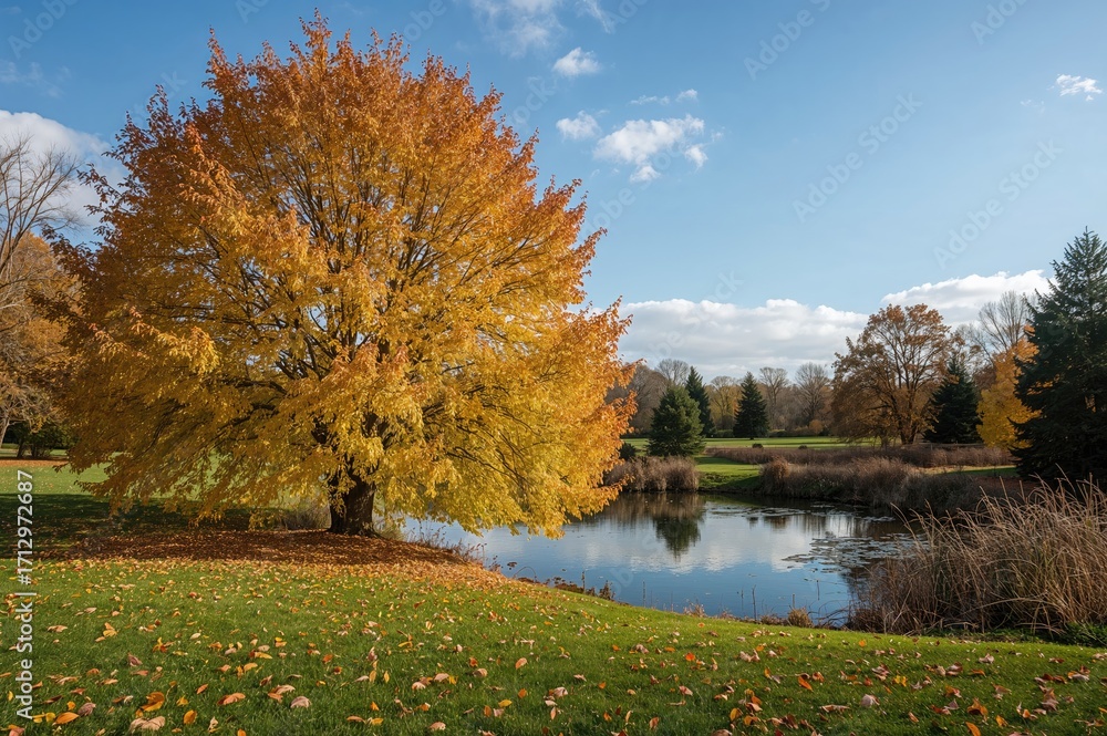 Obraz premium A serene fall scene featuring a golden tree beside a tranquil pond with clear skies