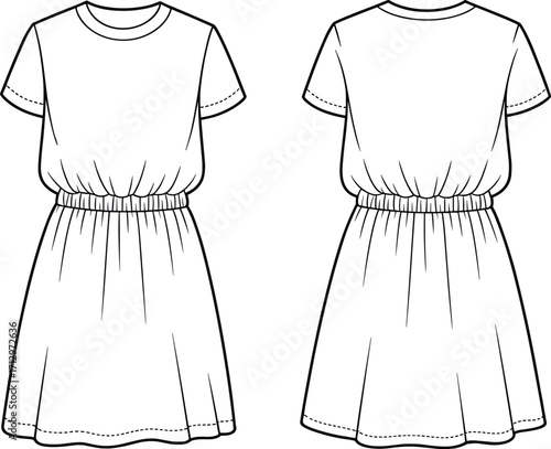 Technical flat sketch vector of short sleeve dress with round neckline, elastic waistband, curved hem, front and back views