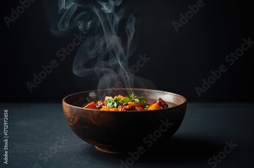 Hot soup steaming in a wood...