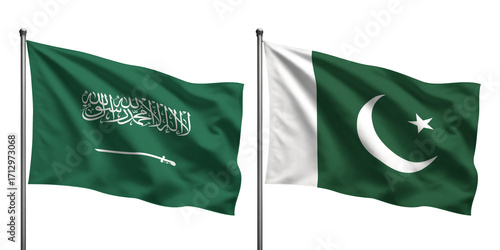 Foto Flags of Saudi Arabia and Pakistan waving side by side against a black backgroun