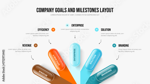 Enterprise Briefing 5 Element Infographic Presentation Template. Market Portfolio Five Step Diagram Slideshow Layout. Project Introduction Slide Design Vector Illustration.