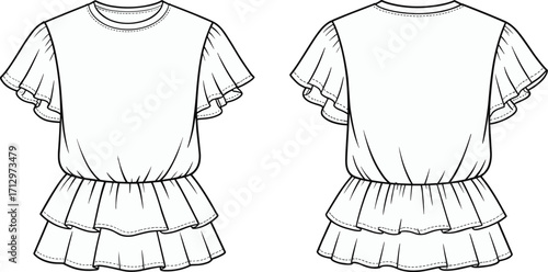Technical fashion vector illustration of girls dress with flutter sleeves, ruffled layered skirt, blouson waistline, front and back views