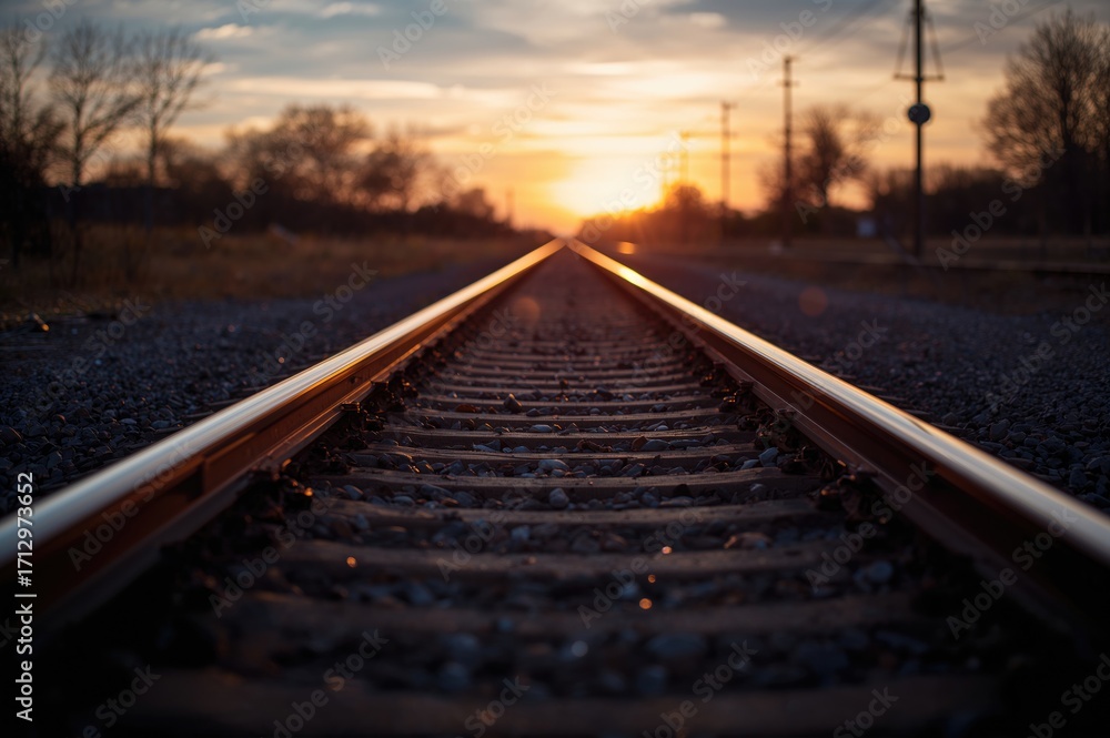 Fototapeta premium Rails and signals set for the upcoming train at daybreak