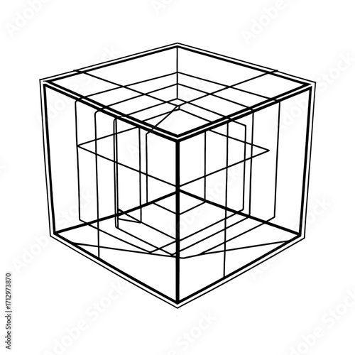 Abstract geometric wireframe cube structure with nested layers, representing complexity, data, or digital architecture, perfect for tech and design concepts