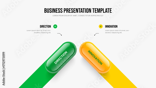 Service Launch Two Step Diagram Frame Template. Creative Review Slide Design Vector Illustration. Product Strategy 2 Element Infographic Presentation Layout.