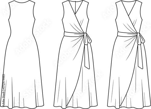 Technical fashion vector illustration of sleeveless wrap dress with V-neckline, sash tie waist, layered skirt, front and back garment views