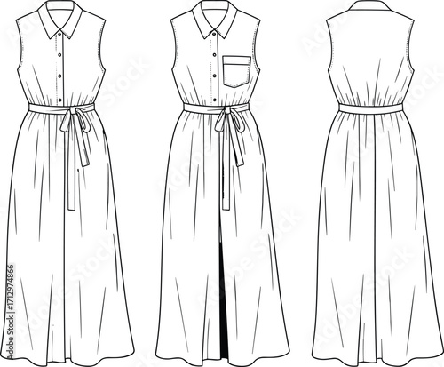 Technical fashion vector illustration of sleeveless collared button-down maxi dress with belted waist, front back views, garment flat sketch