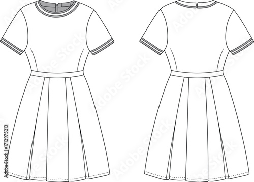 Vector technical flat sketch of short-sleeved pleated dress with round neckline, fitted bodice, flared skirt, front and back views