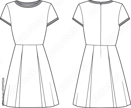 Vector technical flat sketch of short-sleeved pleated dress with round neckline, fitted bodice, flared skirt, banded trim, back zipper