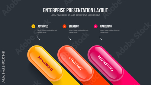 Professional Performance 3 Option Diagram Presentation Layout. Creative Development Three Step Infographic Frame Design. Business Visualization Slideshow Template Vector Illustration.