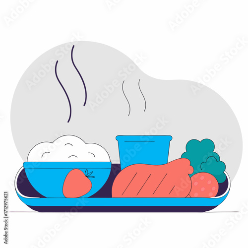 Food tray with rice, vegetables, and fruit in flat design style  