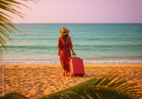 Dreamy Island Escape with Tourist Walking by the Sea for destination marketing, luxury retreat advertising, tourism board campaigns, travel magazines, online booking platforms, lifestyle branding
