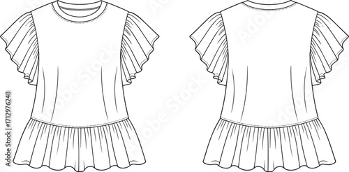 Technical fashion illustration of women’s ruffle sleeve peplum top with round neckline, layered short sleeves, fitted bodice, garment flat vector design