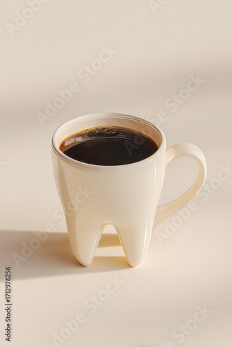 A coffee mug shaped like a tooth with black coffee sits on a light beige surface with soft shadows