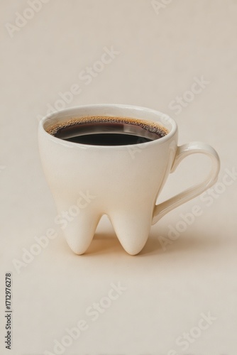 Coffee cup with dental design sits on a plain surface in a studio setting, showcasing a minimalist aesthetic and unique beverage container
