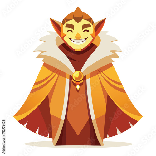 Smiling fantasy elf king wearing a warm yellow cloak smiling