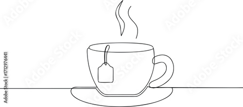 Single line drawing a steaming cup tea with a tea bag continous line art drink