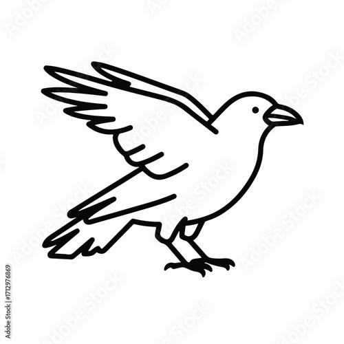 Minimalist line art illustration of a crow in flight