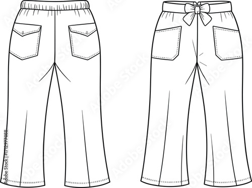 Technical fashion flat sketch of wide leg pants back view with elastic waistband bow detail and patch pocket variations vector