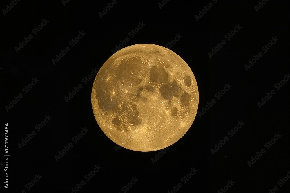 Fototapeta premium A radiant moon illuminating the dark sky, showcasing a mix of craters and smooth plains in a rich golden hue, with intricate shadows and highlights enhancing its texture.