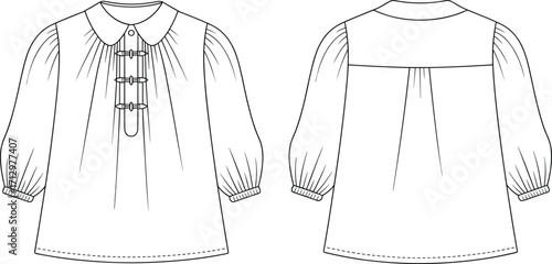 Technical fashion vector illustration of women’s blouse with Peter Pan collar, bows, gathered sleeves, yoke back, garment flat design