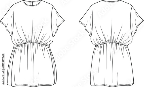 Technical fashion flat sketch vector illustration of women’s short sleeve dress with round neckline, elastic waist, curved hemline, front back views