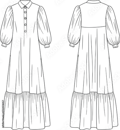 Technical fashion flat sketch of long tiered dress with collar, button placket, voluminous sleeves, gathered cuffs, and back yoke detail