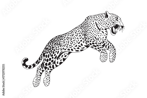 Dynamic black and white illustration of a leaping jaguar