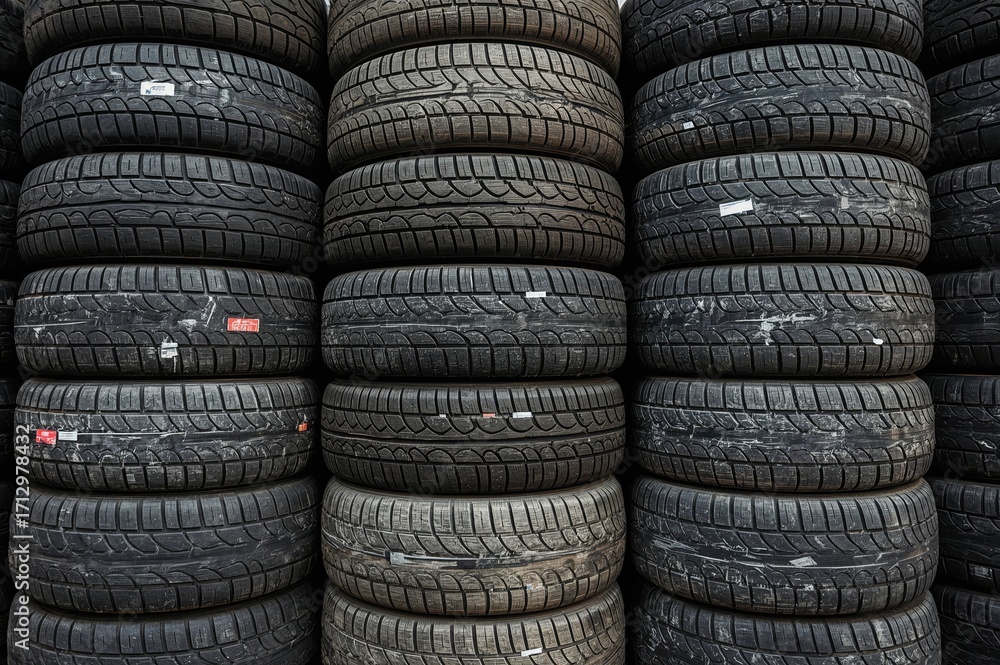 Obraz premium Pile of Pre-Owned Vehicle Tires Outdoors Showcasing Diverse Tread Designs and Rubber Surfaces, Perfect for Automotive and Recycling Themes