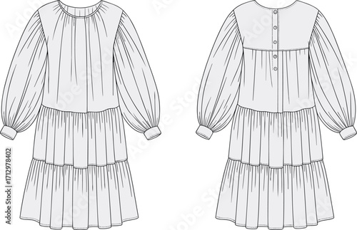 Technical flat fashion sketch of long tiered dress with gathered yoke, button placket, voluminous sleeves, cuff details, and construction lines