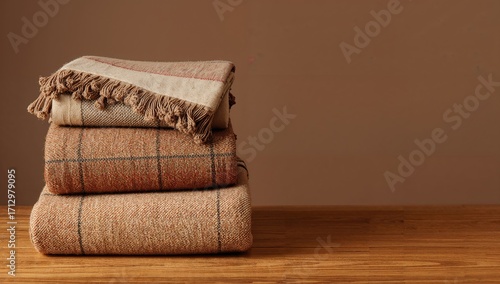 Pile of cozy throws on a ru...