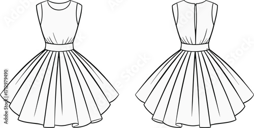 Technical fashion flat sketch of sleeveless pleated dress front and back view with waistband, zipper closure, garment construction details