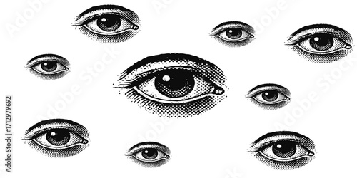 Vector illustration of a beautiful woman's face with a set of brown eyes, eyelashes, and artistic eye shadow makeup design