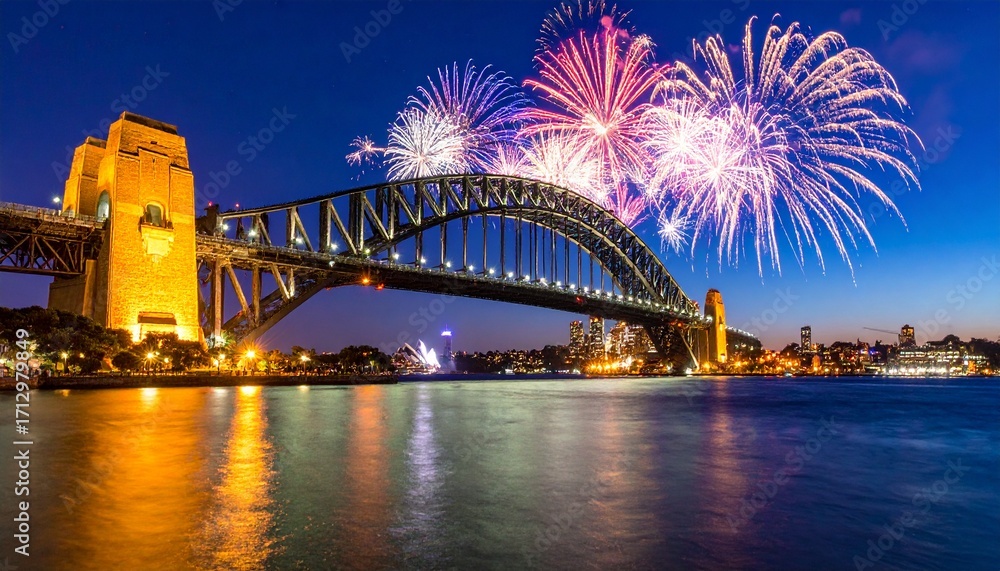 Naklejka premium New Year’s Eve Australia Sydney Harbour Bridge with fireworks
