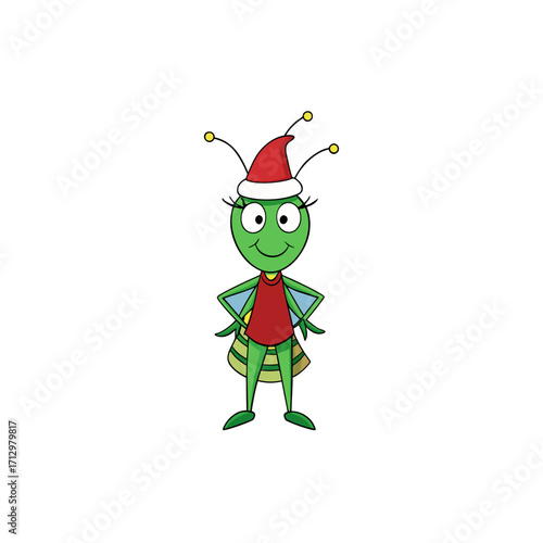 funny grasshopper wearing christmas dress and hat 