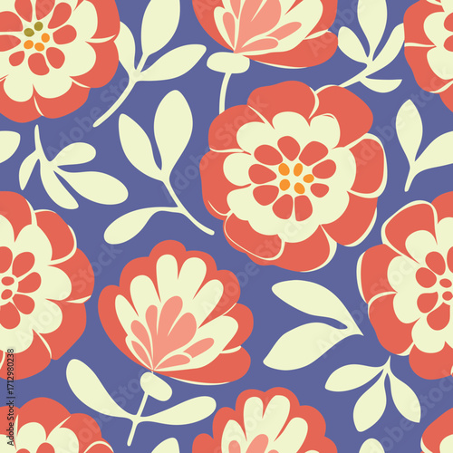 Retro peony floral pattern with cream and coral flowers on a colors background.