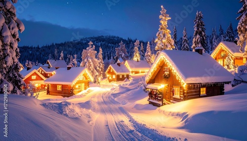 Christmas Finland Santa Claus village with glowing lights in Lapland snow