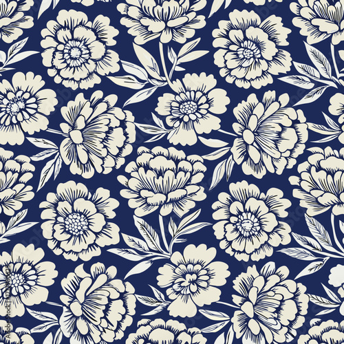 A repeating floral pattern, Vector illustration on a deep navy blue background. 