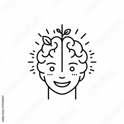 Illustration of a smiling face with a growing plant emerging from the brain, symbolizing growth and new ideas.