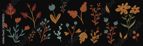 Set chalk autumn botanic floral elements. Branches, leaves, herbs, wildflowers, berries. Hand drawn fall garden, field collection. Kids freehand vintage pencil textured vector illustration isolated