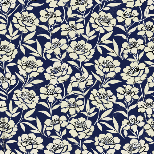 A repeating floral pattern, Vector illustration on a deep navy blue background. 