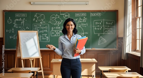 Smiling female teacher in a classroom, holding stacks of papers, in front of a chalkboard with mathematical equations.
