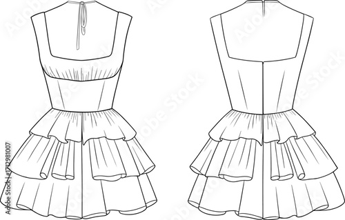 Technical fashion flat sketch of sleeveless tiered mini dress with square neckline, gathered skirt, front and back garment views
