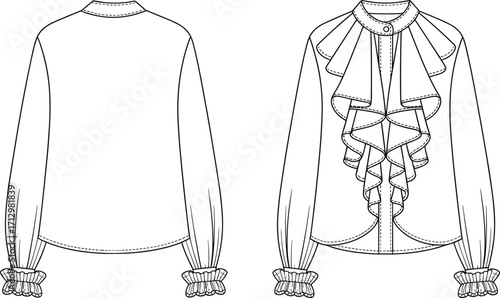 Elegant women’s blouse fashion flat sketch with ruffled front, long sleeves, gathered cuffs, high neckline, front and back technical illustration