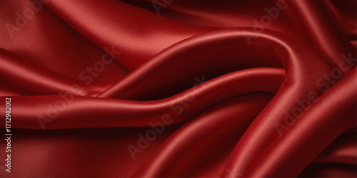 Luxurious close-up of a deep red satin fabric. A close-up view of a rich, deep red satin fabric, showcasing its smooth, flowing texture.

